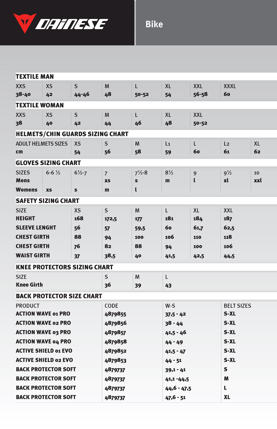 DAINESE Sizing Guide LEFTFIELDBIKES
